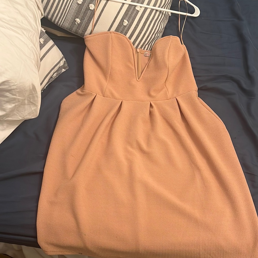 Salmon colored strapless dress